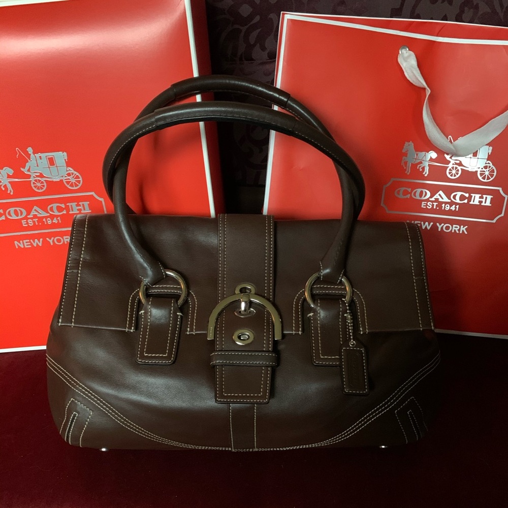 COACH Soho Flap Leather Satchel Dark Brown (8A11)